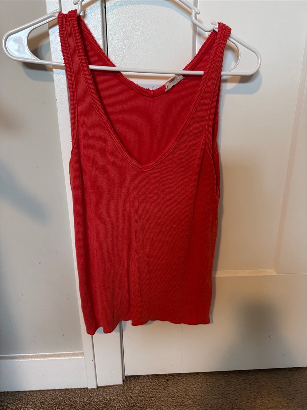 Women's Red Ribbed V-Neck Tank Top